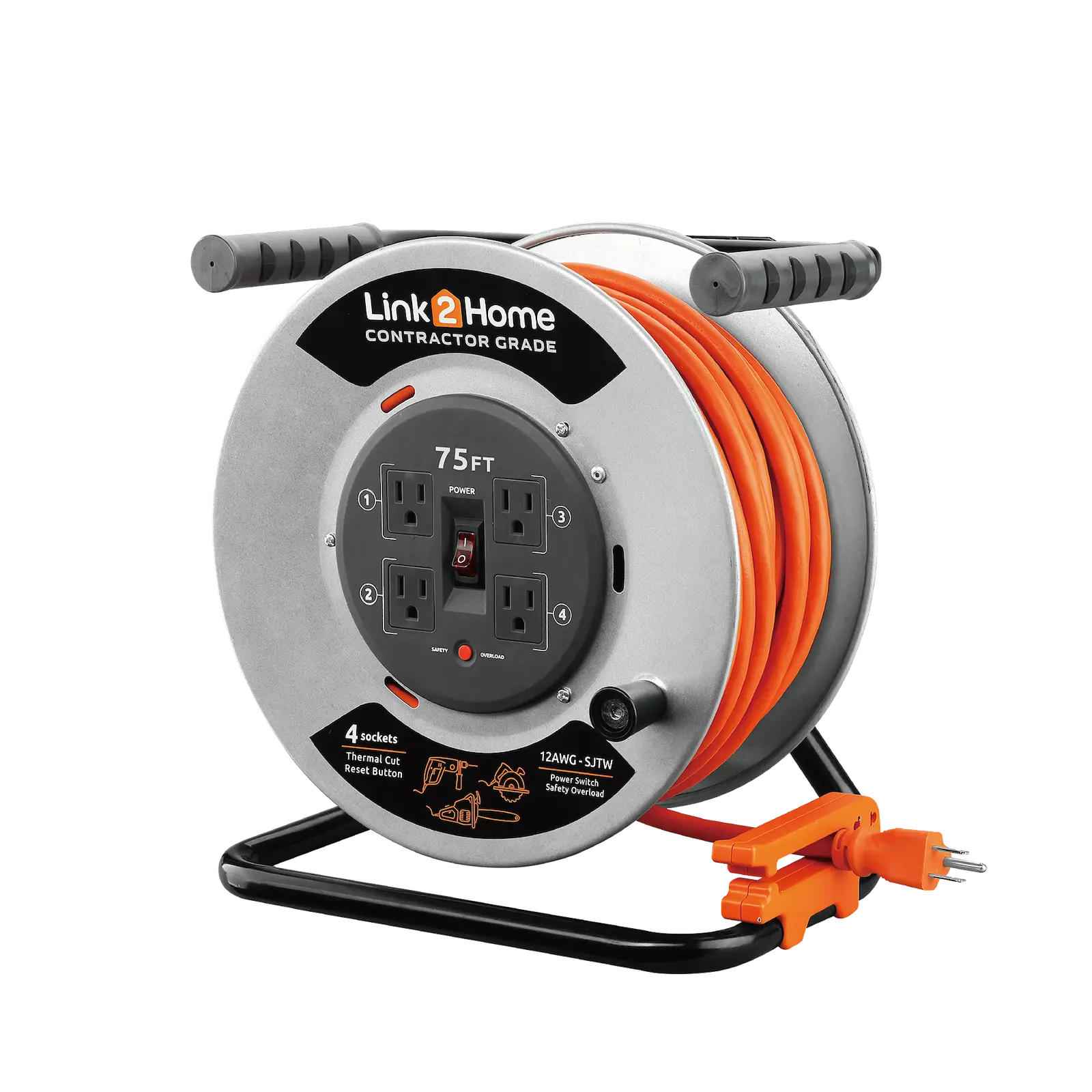 Link2Home - CONTRACTOR GRADE Metal Cord Reel 75 ft. Extension
