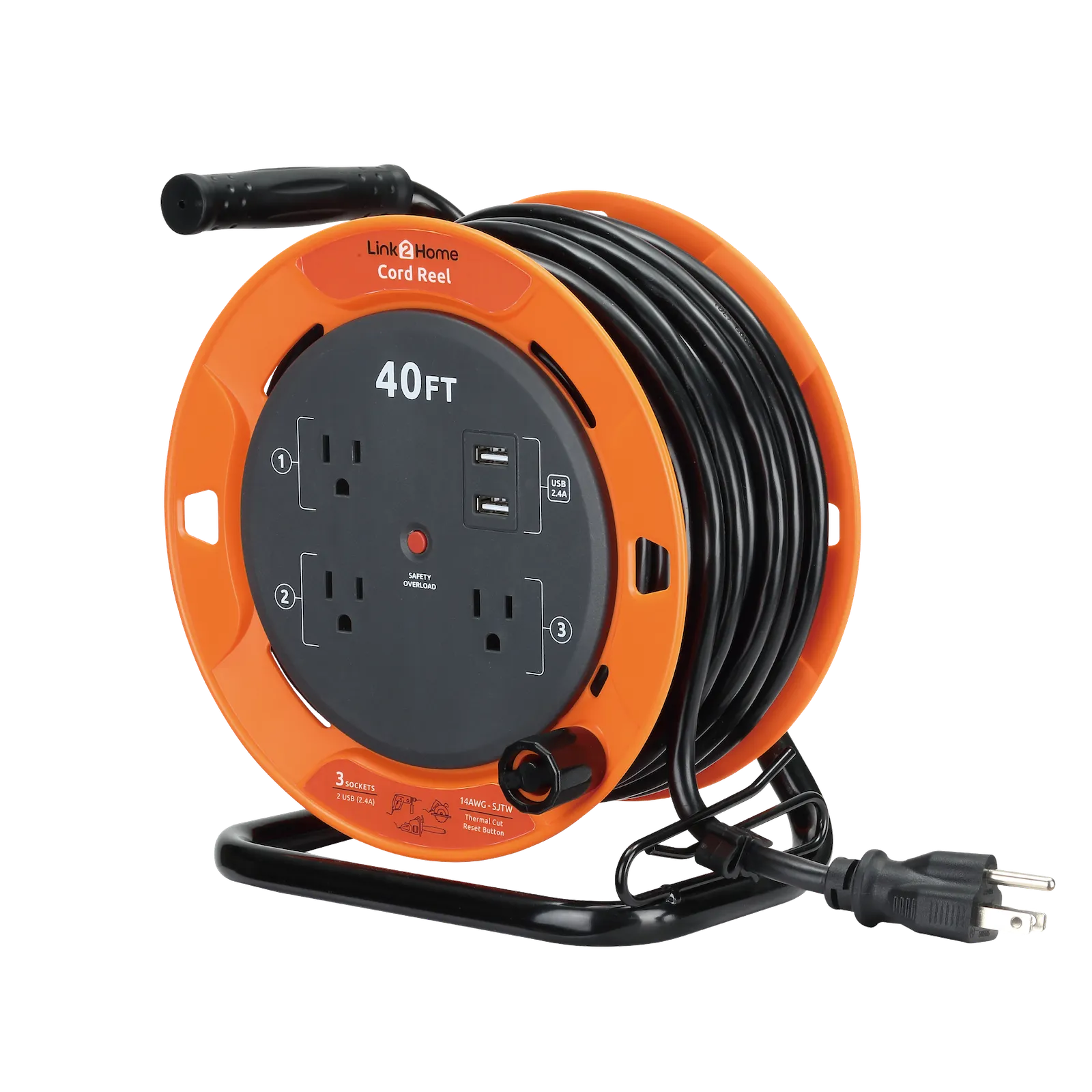 Link2Home - 40 Ft. Extension Cord Reel, Orange