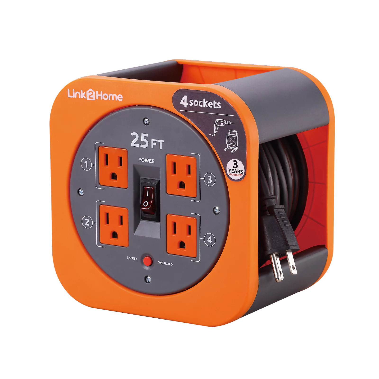 Link2Home - Cord Reel 25 ft. Extension, 4 Power Outlets, Orange