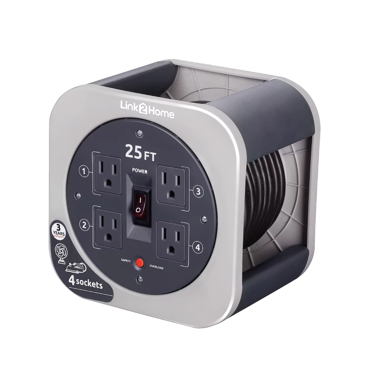Link2Home - Cord Reel 25 ft. Extension, 4 Power Outlets, Light Gray