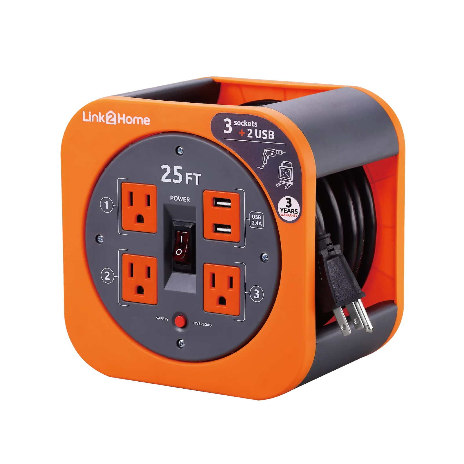 Link2Home - Cord Reel 25 ft. Extension, 3 Power Outlets, Orange
