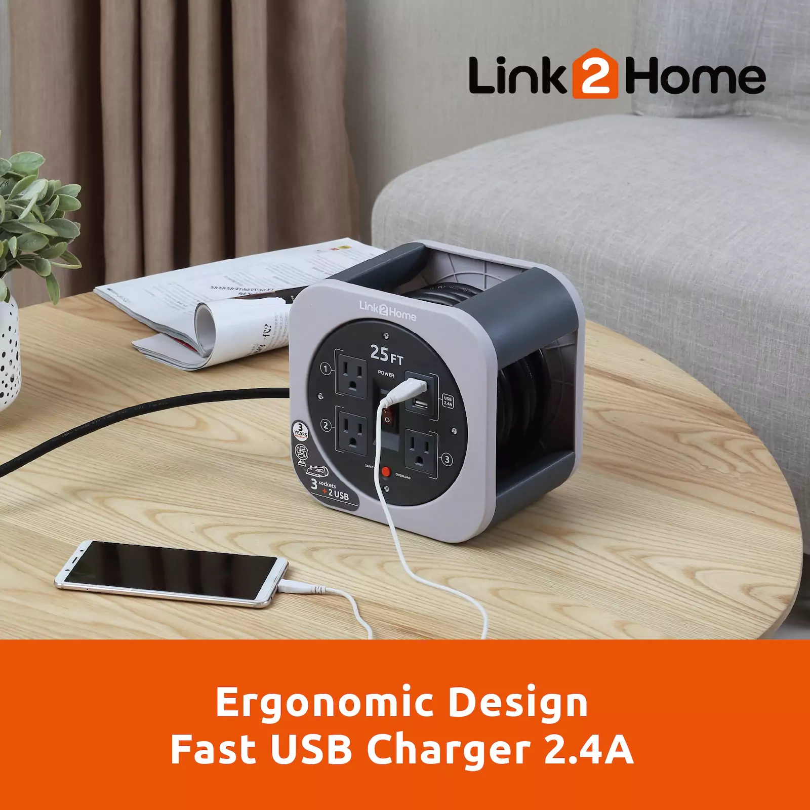 Link2Home - Cord Reel 25 ft. Extension, 3 Power Outlets, Light Gray