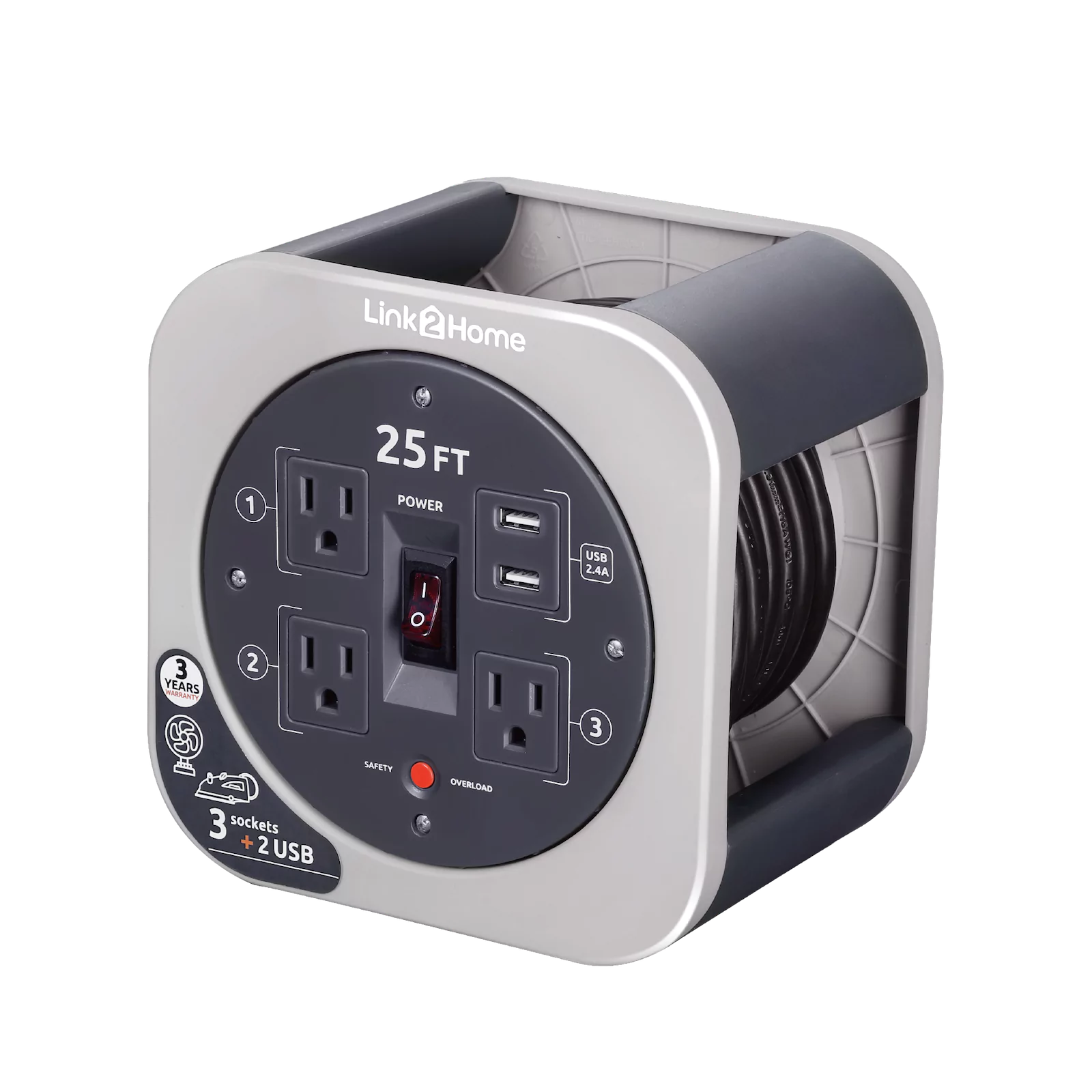 Link2Home - Cord Reel 25 ft. Extension, 3 Power Outlets, Light Gray