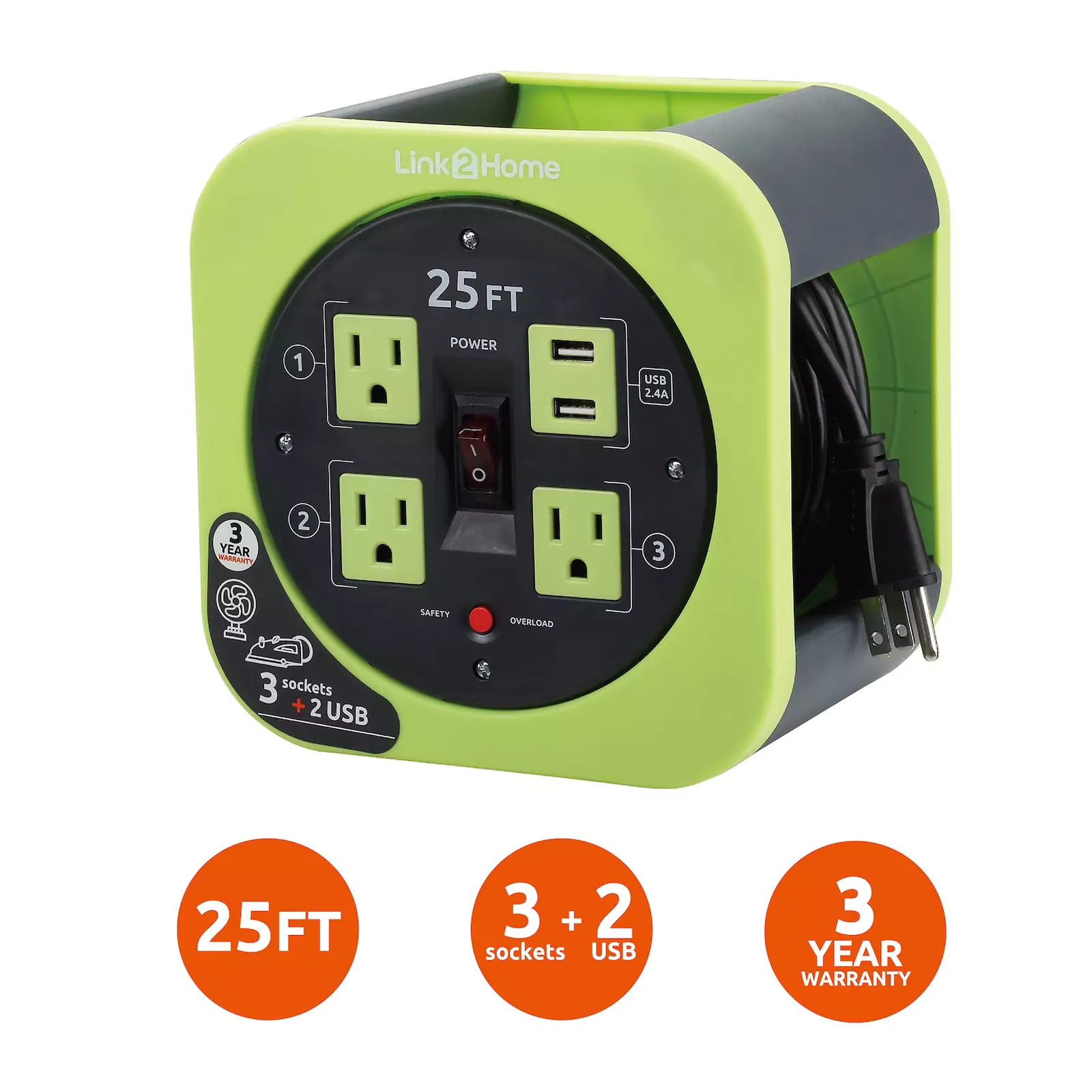 Link2Home - Cord Reel 25 ft. Extension, 3 Power Outlets, Green