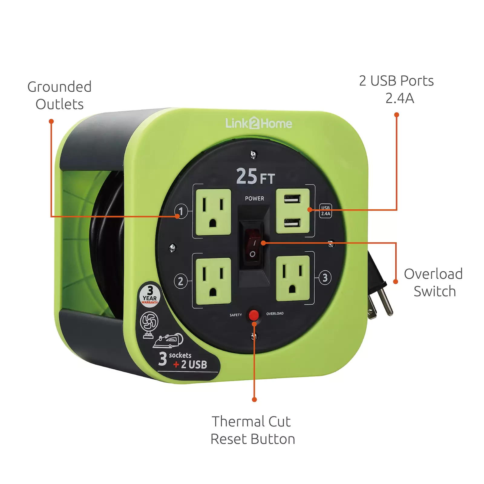 Link2Home - Cord Reel 25 ft. Extension, 3 Power Outlets, Green