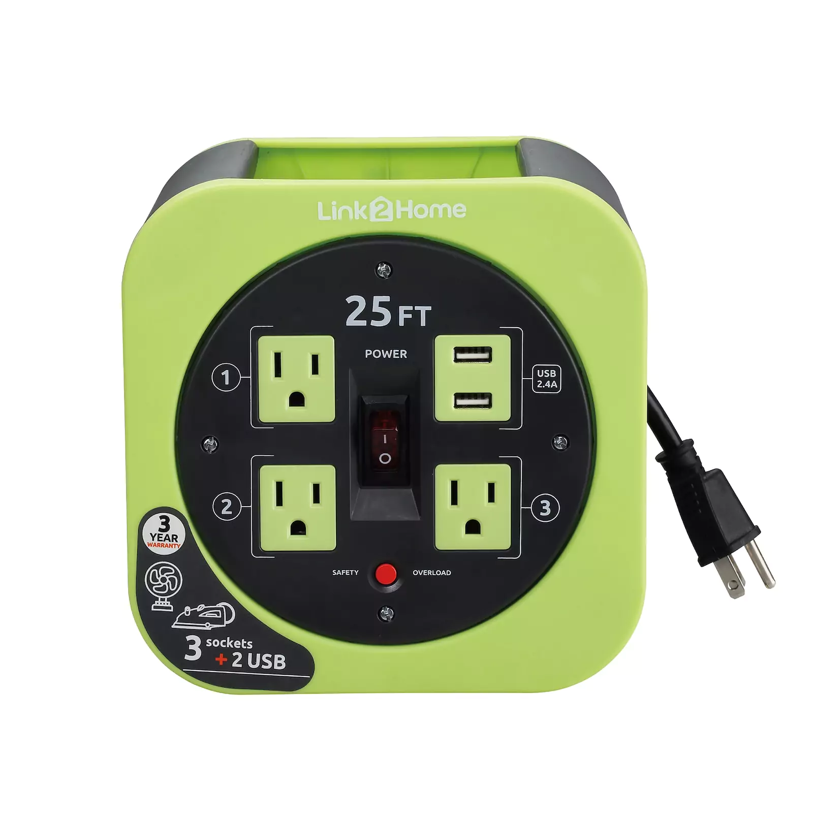 Link2Home - Cord Reel 25 ft. Extension, 3 Power Outlets, Green