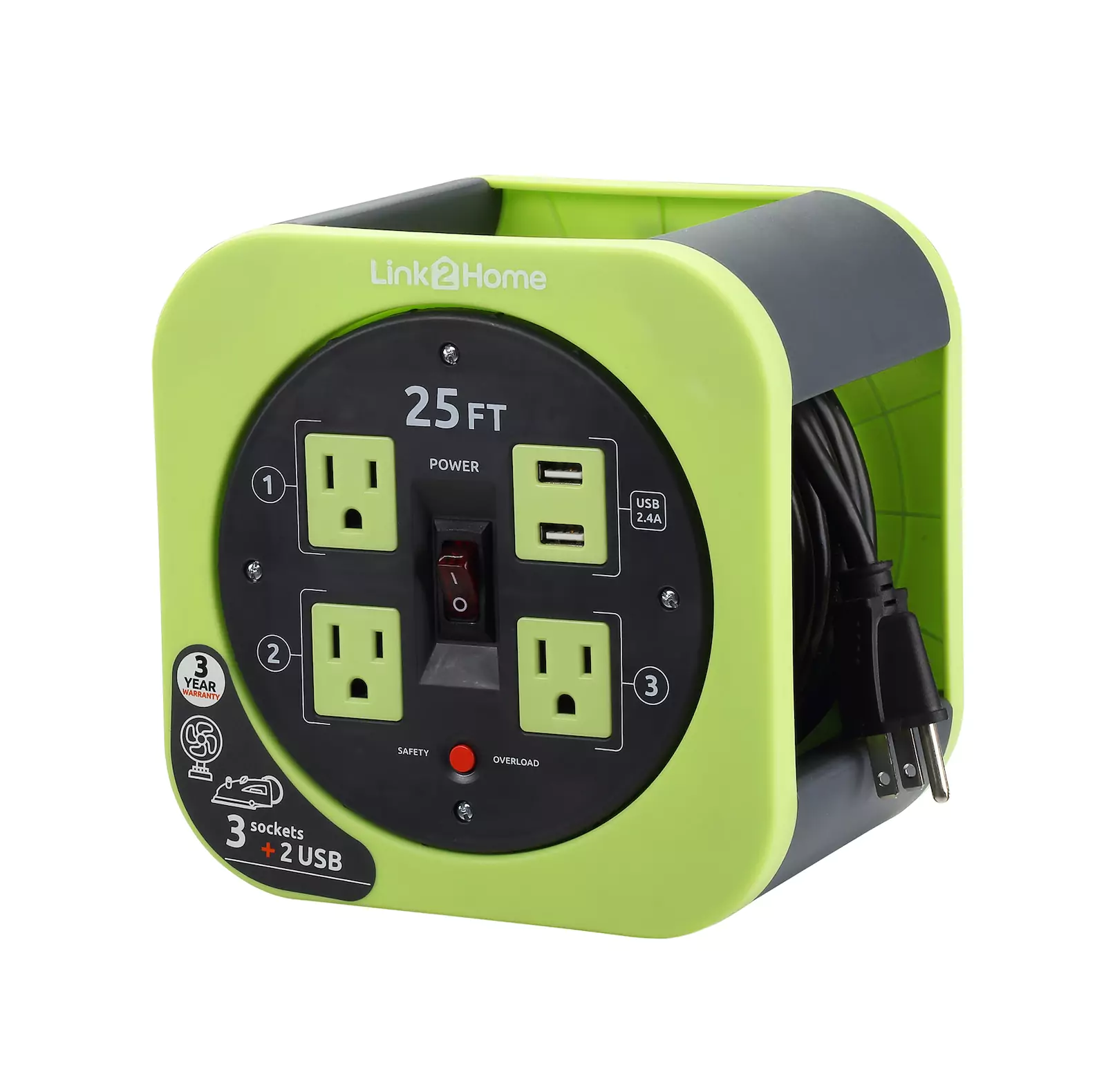 Link2Home - Cord Reel 25 ft. Extension, 3 Power Outlets, Green