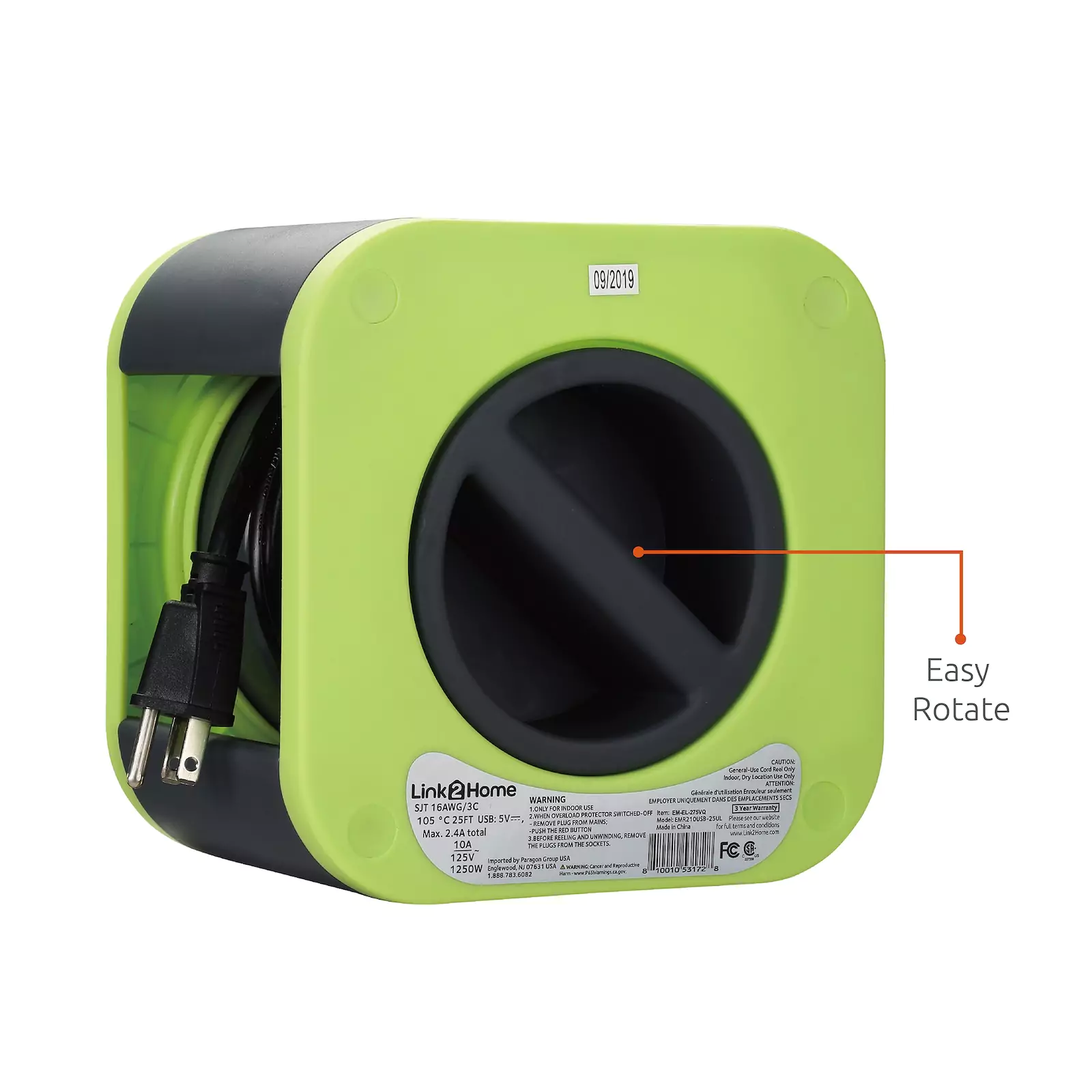 Link2Home - Cord Reel 25 ft. Extension, 3 Power Outlets, Green
