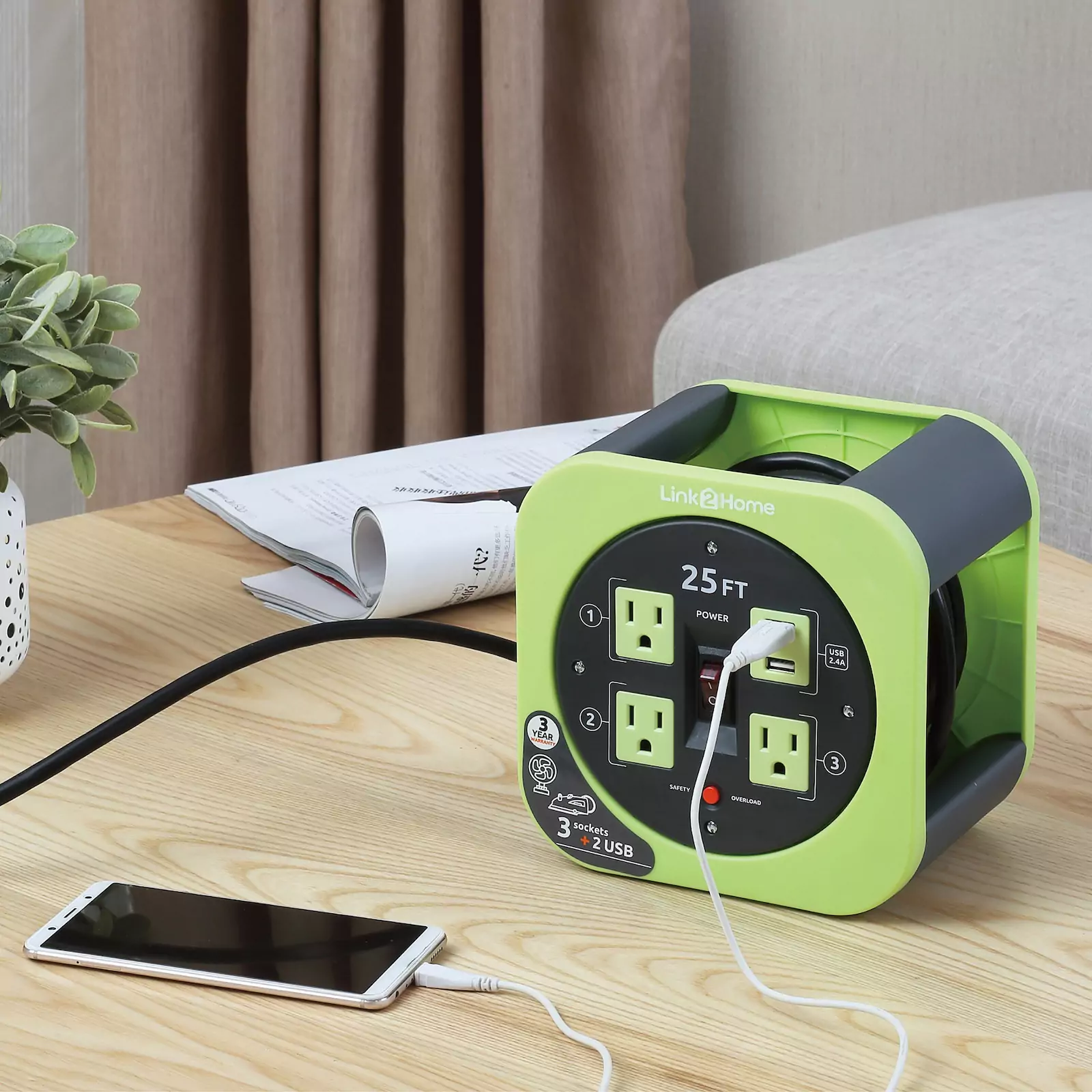 Link2Home - Cord Reel 25 ft. Extension, 3 Power Outlets, Green
