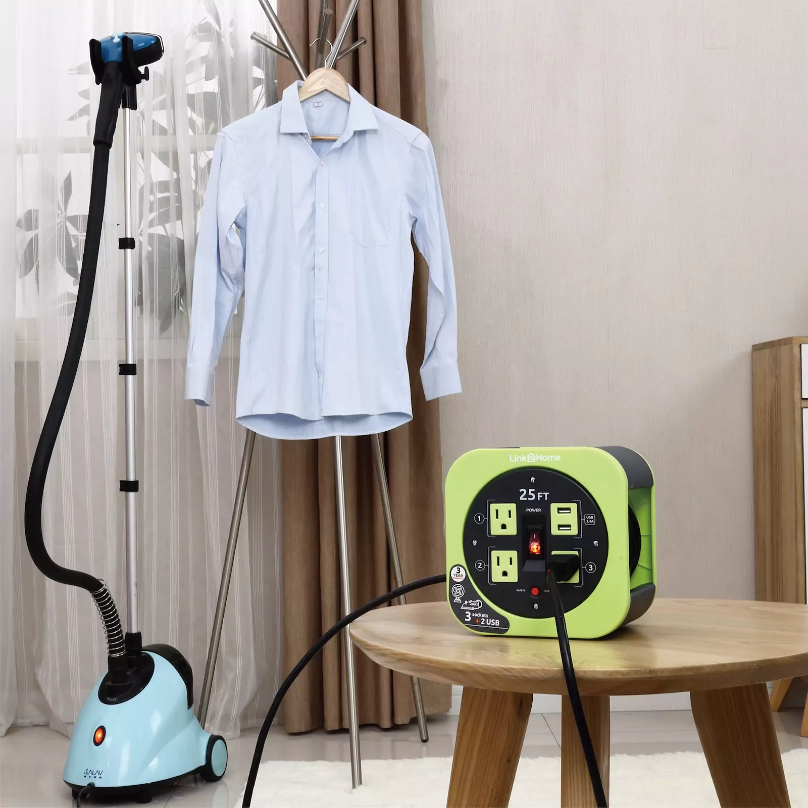 Link2Home - Cord Reel 25 ft. Extension, 3 Power Outlets, Green