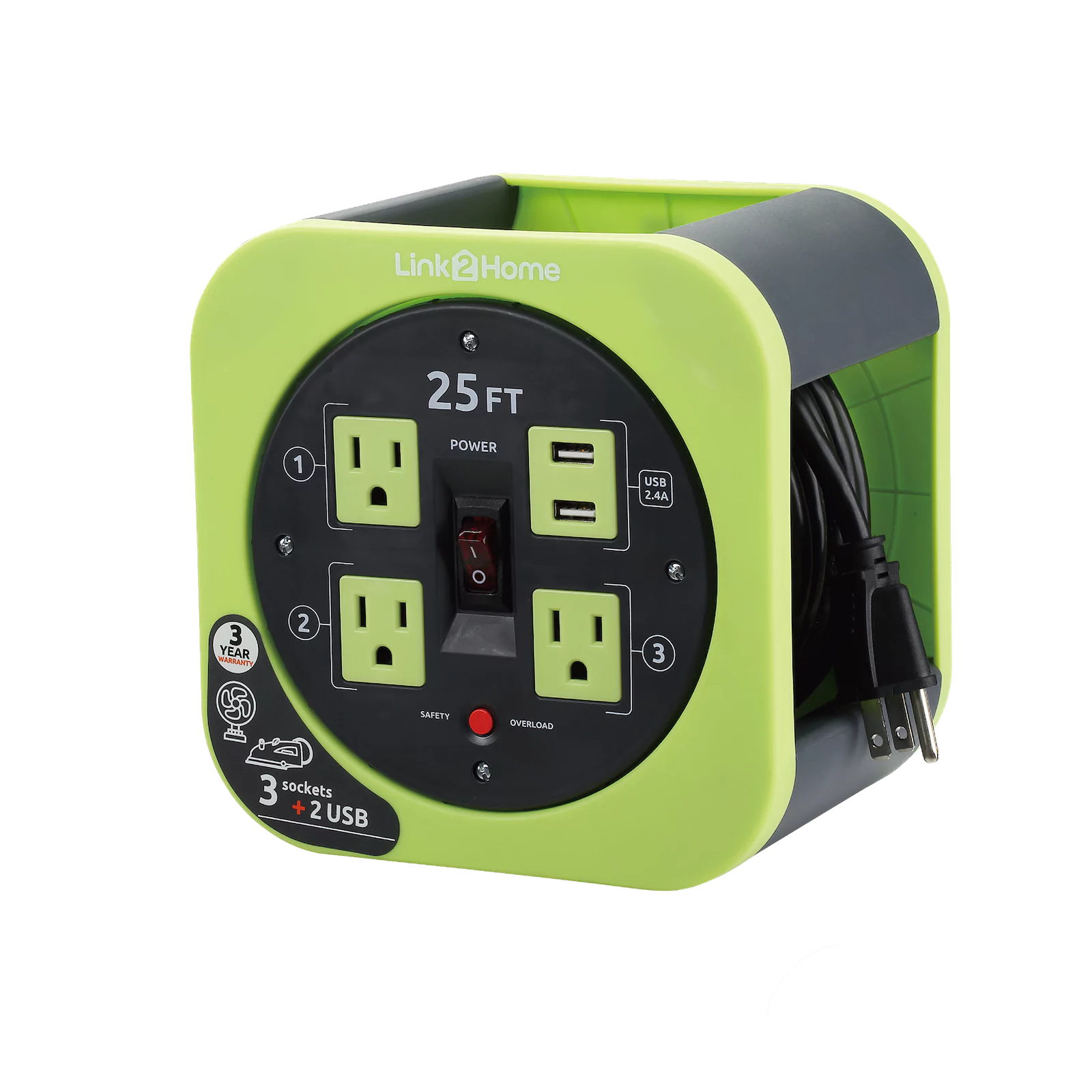 Link2Home - Cord Reel 25 ft. Extension, 3 Power Outlets, Green